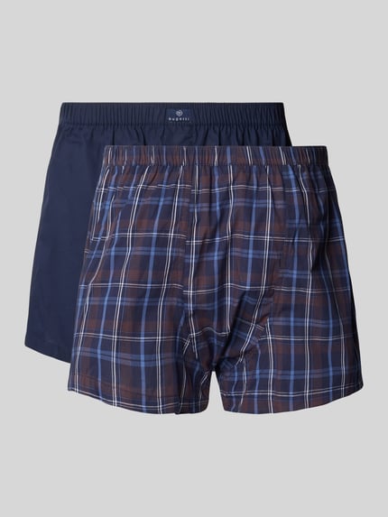 Produktfoto, Boxershorts mit elastischem Bund und Label-Detail im 2er-Pack von bugatti, bawełna, krój regular fit, elastyczny pas, Detal z logo, Zestaw 2 szt., granatowy i kraciasty wzór, gładka oraz miękka faktura