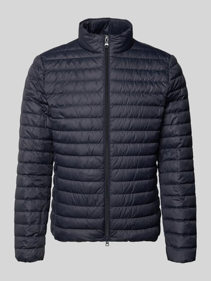 Produktfoto, Steppjacke mit Stehkragen und Zweiwege-Reißverschluss von Geox in Dunkelblau, horizontale Steppung, glatte Textur, Regular Fit