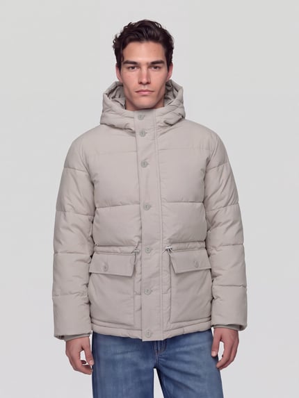 Männermodel trägt Steppjacke mit Kapuze Modell 'SLMVINCENT' von Selected Homme in unifarbener Optik mit Struktur, Ganzkörperansicht von vorne.
