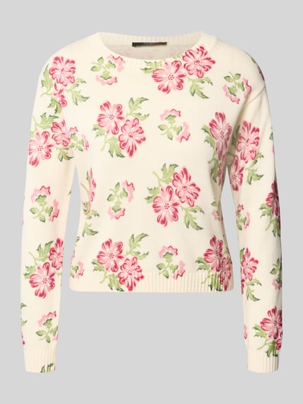 Produktfoto, Boxy Fit Strickpullover aus reiner Baumwolle Modell 'EDITTO' von Weekend Max Mara in Strickoptik mit floralem Muster und Intarsie, Rundhals, Langarm, gerippte Abschlüsse, Materialverarbeitung Strick, cremefarbener Hintergrund mit rosa und grünen Akzenten.