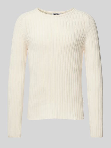 REVIEW Sweter z dzianiny z prążkowanym, okrągłym dekoltem Écru 2