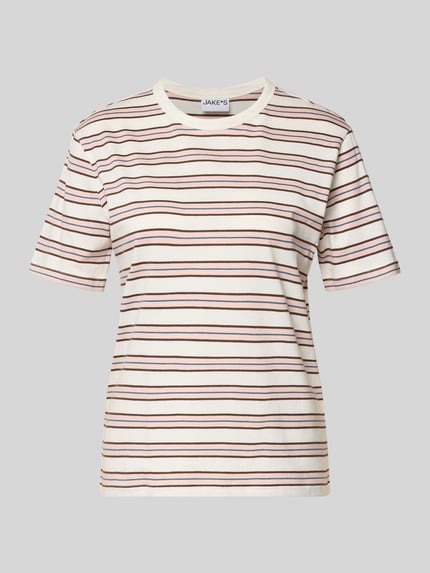 Produktfoto, T-Shirt mit Rundhalsausschnitt von Jake*s Casual aus reiner Baumwolle, beige mit braunen Streifen, gerader Schnitt, 1/2-Arm