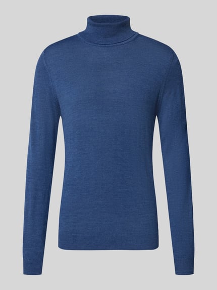 Produktfoto, Wollpullover mit Rollkragen von Christian Berg Men in Blau, gerader Schnitt, Woll-Mix, gerippte Abschlüsse, klassische Textur