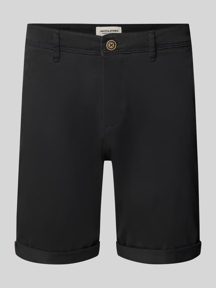 Produktfoto, Regular Fit Shorts mit Eingrifftaschen Modell 'BOWIE' von Jack & Jones aus Baumwoll-Elasthan-Mix in Schwarz, Umschlag, Bundweite 43 cm, Innenbeinlänge 26 cm, klare Linien, glatte Textur