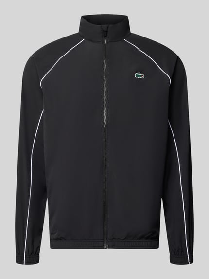 Produktfoto, czarna kurtka treningowa 'Regular Fit Trainingsjacke mit Logo-Patch' od Lacoste, sport, gładka tkanina, białe lamówki