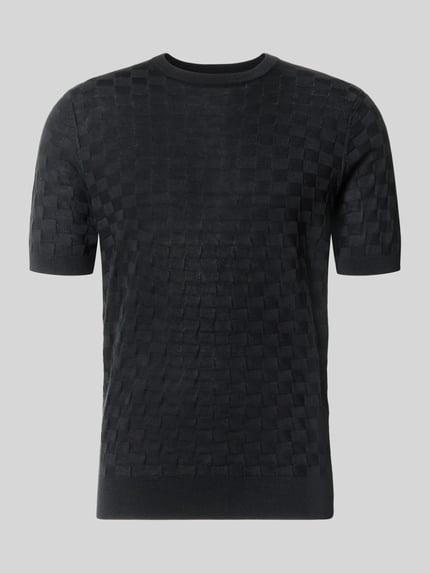 Produktfoto, gebreid shirt met structuurpatroon van Antony Morato in zwart, mix van lyocell en wol, recht model, ronde hals, ruglengte maat M 72 cm