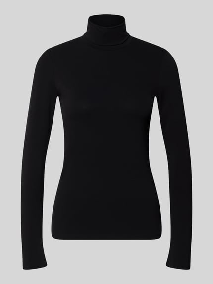 Produktfoto, shirt met lange mouwen met col van Marc Cain, materiaalmix met stretch, nauwsluitend model, effen design, ruglengte maat 36 is 58 cm