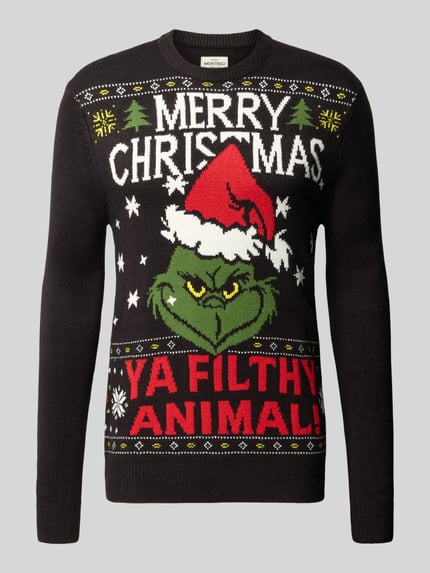 Produktfoto, schwarzer Regular Fit Strickpullover mit Motiv-Stitching Modell 'GRINCH' von Montego, Weihnachtsdesign, gerippte Abschlüsse