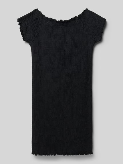 Produktfoto, Enganliegend Freizeitkleid aus Baumwoll-Mix Modell 'JOJO' von Only, jednokolorowy czarny, krój slim fit, długość midi, dekolt w łódkę, krótki rękaw z falbaną, falbana na dole, wykończenie materiału: marszczenie