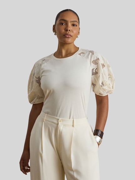 Lauren Ralph Lauren relaxed fit T-shirt van puur katoen met mouwen van broderie Zand - 6