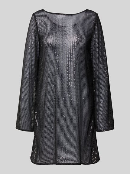 Produktfoto, Fließendes Cocktailkleid mit Paillettenbesatz Modell 'JACK' von Pieces in schimmernder, semitransparenter Optik, Mini-Länge, U-Boot-Ausschnitt, fließende Passform, Langarm, gerader Saum.