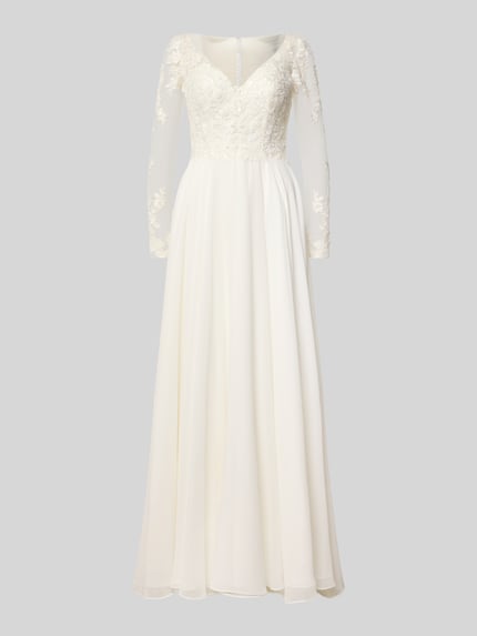 Produktfoto, Brautkleid mit Stitchings und V-Ausschnitt von LUXUAR FASHION, szyfon, krój o linii a, Długa sukienka, Dekolt w serek, hafty, Długość tyłu w rozmiarze 36: 132 cm, Szerokość w rozmiarze 36: 33 cm, Długość rękawów w rozmiarze 36: 65 cm