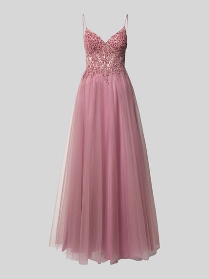 Produktfoto, Maxikleid mit Perlen und Pailletten von Hey Kyla in Rosa, Tüll, A-Linie, V-Ausschnitt, Spaghettiträger, feine Textur. Rückenlänge bei Größe 36: 132 cm, Brustweite: 33 cm, Ärmellänge: 127 cm.