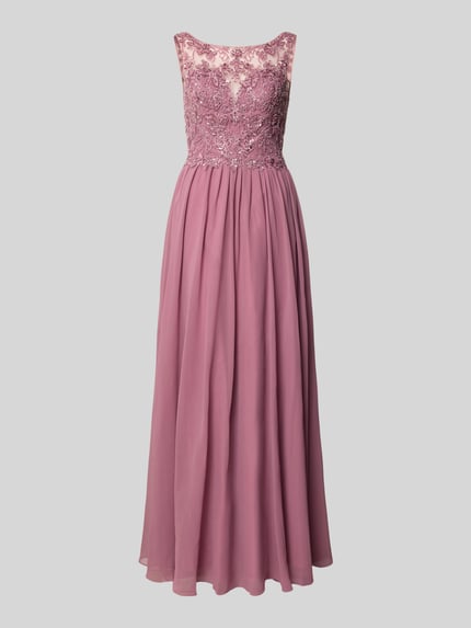 Produktfoto, Maxikleid mit Perlen und tiefem Rückenausschnitt von Laona in Rosa, A-Linie, Rundhalsausschnitt, Rückenlänge 120 cm, Brustweite 38 cm, rückseitiger Reißverschluss