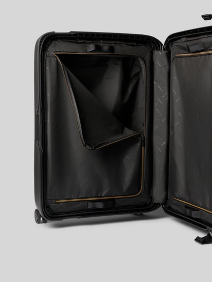 Produktfoto, Koffer mit Logo-Detail Modell 'Spinner' von Samsonite, Hardshell, schwarz, rechteckige Form, glatte Textur, geöffnet, Hauptfach mit Reißverschluss, Größe 71x48x30 cm