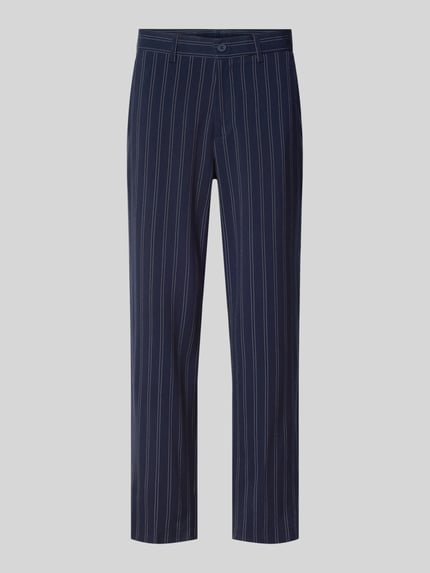 Produktfoto, Hose mit Streifenmuster van Lindbergh, heren broek regular fit, materiaalmix met viscose, achterzakken, bandwijdte maat M 43 cm, binnenbeenlengte maat M 77 cm, donkerblauw met witte strepen