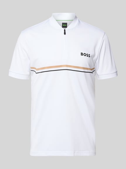 Produktfoto, weißes Slim Fit Poloshirt mit Label-Streifen, Serafino-Kragen und Reißverschluss, Modell 'TOC SPIN BODYMAPP 1027' von BOSS Green