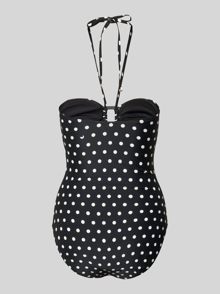 Produktfoto, schwarzer Bandeau-Badeanzug im Allover-Look Modell 'CLASSIC DOT BANDEAU' von Michael Kors mit weißen Punkten, Material-Mix mit Stretch-Anteil, körpernahe Passform, Damen Bademode