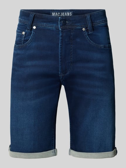 Produktfoto, Bermudas in Denim-Optik mit Eingrifftaschen von MAC, Regular Fit, blauer Used-Look, Baumwoll-Elasthan-Mix, Umschlag am Bein.