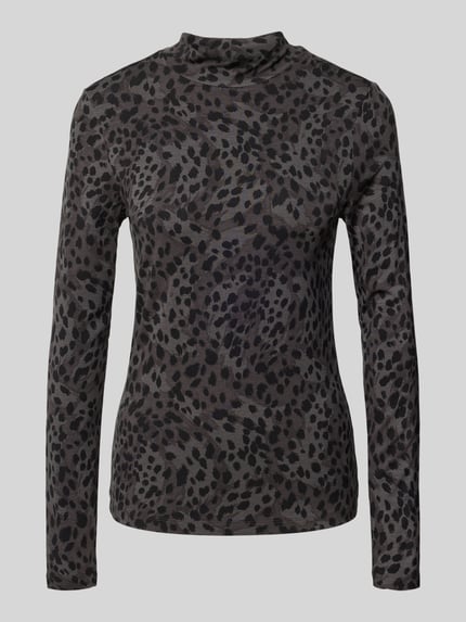 Produktfoto, Slim Fit Langarmshirt aus Viskose-Mix von s.Oliver RED LABEL, wzór w panterkę, odcienie szarości, wysoki dekolt, materiał elastyczny