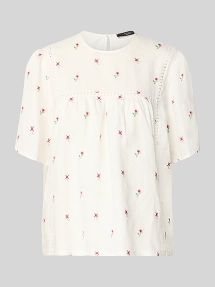Produktfoto, Loose Fit T-Shirt aus reinem Leinen Modell 'BACINO' von Weekend Max Mara mit Optik:Allover-Muster, floralem Muster, Intarsie, U-Ausschnitt, Kurzarm, Flammgarn-Struktur, Material: Leinen, cremefarbene Grundfarbe mit roten und grünen Details.