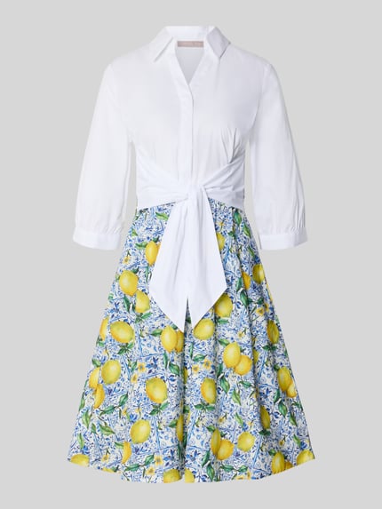 Produktfoto, Minikleid im 2-in-1-Look von Christian Berg Woman Selection, bawełna, A-linia, kołnierz koszulowy, węzeł, cytrynowy nadruk, długość tyłu w rozmiarze 36: 39 cm, szerokość w rozmiarze 36: 44 cm, długość rękawa w rozmiarze 36: 42 cm