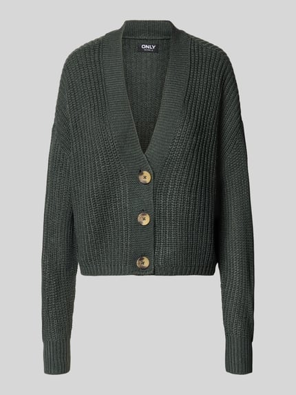 Produktfoto, Boxy Fit Strickjacke mit V-Ausschnitt Modell 'CAROL' von ONLY, grobe Strickstruktur, dunkelgrün, Damen Strickjacke von ONLY.