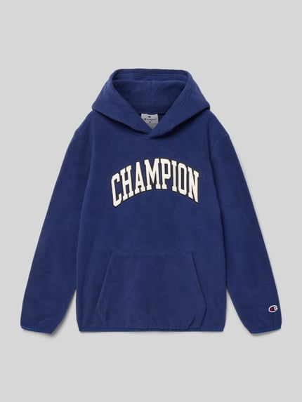 Productfoto, Hoodie met kap Kap van CHAMPION in blauw met labeldetail en kangoeroezak, losse pasvorm, zachte textuur
