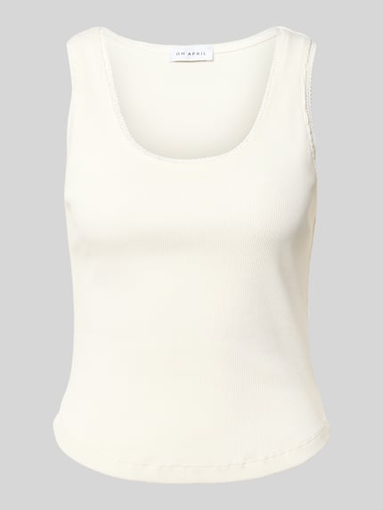 Produktfoto, Tanktop in Ripp-Optik Modell 'Jolie' von OH APRIL im Baumwoll-Elasthan-Mix mit Spitze, Slim-Fit, Rückenlänge 51 cm Größe S.