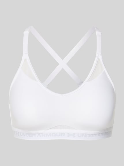 Produktfoto, weißer Sport-BH mit Label-Schriftzug Modell 'UA Crossback Low Bra' von Under Armour, glatte Oberfläche, Damen Sport-BH von Under Armour