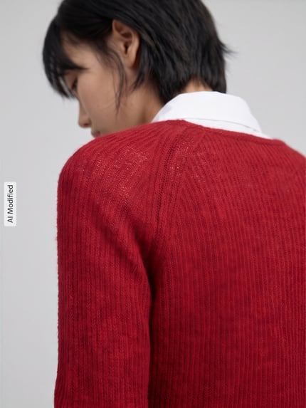 Frauenmodel trägt Regular Fit Pullover mit Woll-Mohair-Anteil Modell 'SVELTO' von MM by Max Mara in kräftigem Rot, Detailaufnahme, KI-modifiziertes Bild.