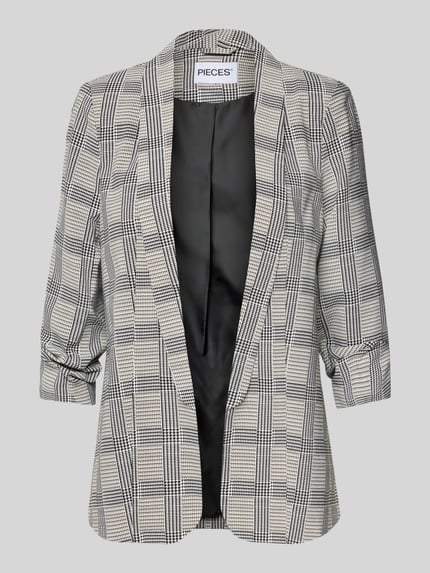 Produktfoto, Shaped Fit Longblazer mit Schalkragen Modell 'BOSELLA' von PIECES im karierten Design, Farbkombination aus Grau, Schwarz und Weiß, glatte Textur