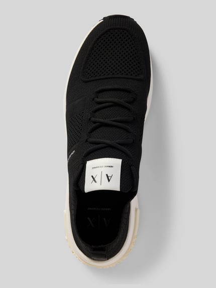 Produktfoto, Sneakersy w zakładanej przez głowę formie, model 'DUSSELDORF' od Armani Exchange, czarny, zaokrąglony czubek, detal z logo, wysokość obcasa w rozmiarze 45: 3 cm, wysokość cholewki: 6 cm, szerokość w rozmiarze 45: 8 cm