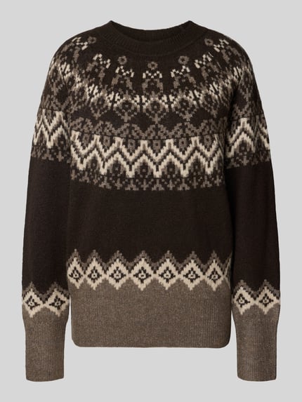 Produktfoto, Strickpullover mit Norweger-Muster Modell 'Merla' von FREE/QUENT, Braun- und Cremetöne, grobe Strickstruktur, Material-Mix mit Alpaka-Anteil, Regular Fit, Rundhalsausschnitt, Damen Strickpullover