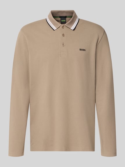 Produktfoto, Regular Fit Poloshirt aus reiner Baumwolle Modell 'Plisy' von BOSS Green in Beige mit weißen und schwarzen Streifendetails am Kragen