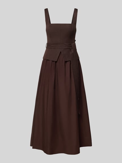Produktfoto, dunkelbraunes Midikleid aus Leinen-Viskose-Mix, A-Linie, 2-in-1-Look, Forever New, Modell 'Celina', glatte Textur