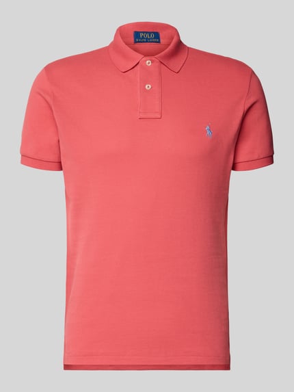 Produktfoto, Poloshirt mit Label-Stitching von Polo Ralph Lauren, rosa Baumwolle, Slim Fit, Polokragen, kurze Knopfleiste, gerippte Ärmelabschlüsse