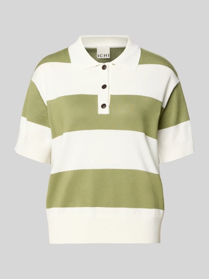 Produktfoto, Regular Fit Poloshirt aus Viskose-Mix Modell 'LULS' von ICHI, koszulka polo, imitacja dzianiny, zielono-białe szerokie pasy