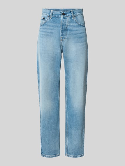 Produktfoto, Balloon Fit Jeans aus reiner Baumwolle Modell 'Newel' von Carhartt Work In Progress in hellblauer Waschung, 5-Pocket-Design, gerade Form, Frontansicht, Herren Jeans, Knopf- und Reißverschluss, Bundweite 48 cm, Innenbeinlänge 77 cm.