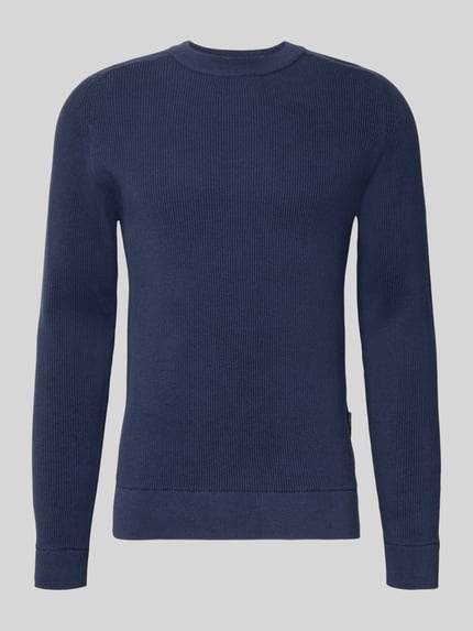 Productfoto, Slim Fit Pullover in breistructuur model 'Nordin' van Casual Friday in diepblauw, pure katoen, ronde hals, herenpullover