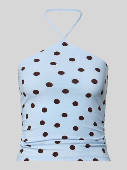 Produktfoto, Neckholder-Top im Allover-Look Modell 'Bowie' von Forever New aus hellblauem Material-Mix mit Stretch-Anteil, braune Punkte, körpernahe Passform, Rückenlänge bei Größe 36: 24 cm.