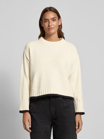 VERO MODA Sweter z dzianiny o kroju regular fit z brzegiem w kontrastowym kolorze model ‘SHADOW’ Piaskowy melanż 4