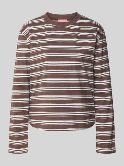 Productfoto, Relaxed Fit Langarmshirt aus reiner Baumwolle van JJXX, bruin-wit gestreept, puur katoen, ronde hals, met lange mouwen, ruglengte bij maat S: 55 cm.