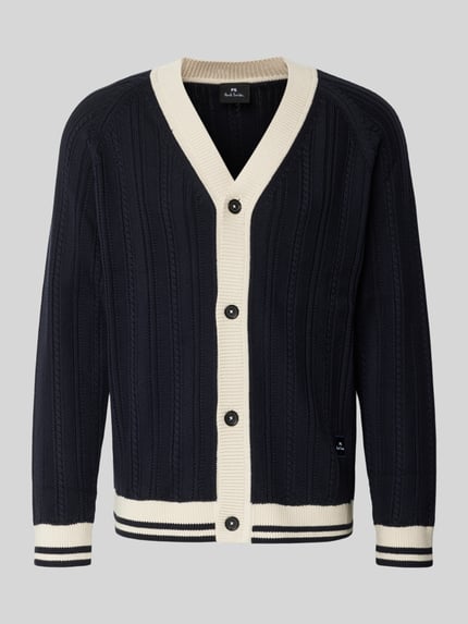 Produktfoto, Cardigan mit V-Ausschnitt und Knopfleiste von PAUL SMITH aus reiner Baumwolle, Regular Fit, schwarz-creme, Rippstruktur