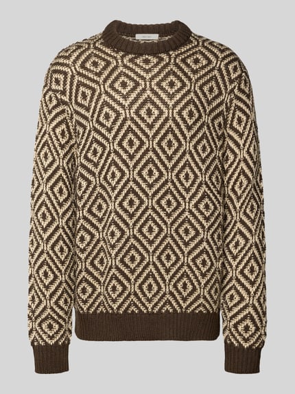 Produktfoto, Relaxed Fit Strickpullover aus Woll-Mix Modell 'REMI' von SELECTED HOMME, Optik: Allover-Muster, gerippte Bündchen, braun-beige, Stricktextur
