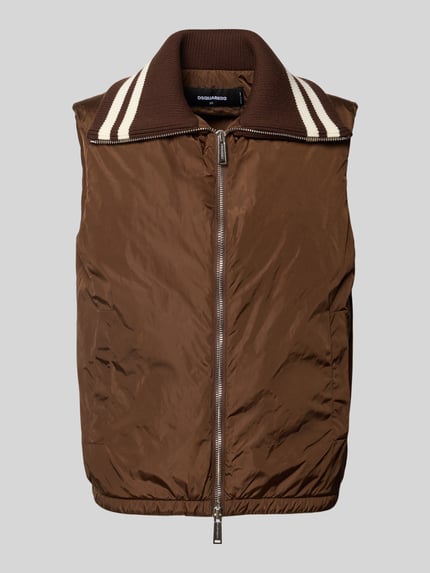 Produktfoto, Weste mit Kontraststreifen van Dsquared2 in bruin met witte contraststrepen, recht pasvorm, platte kraag in riblook, tweewegritssluiting, elastische band, context: Heren bodywarmer, ruglengte maat 50: 65 cm, schouderbreedte 45 cm, borstwijdte 56 cm