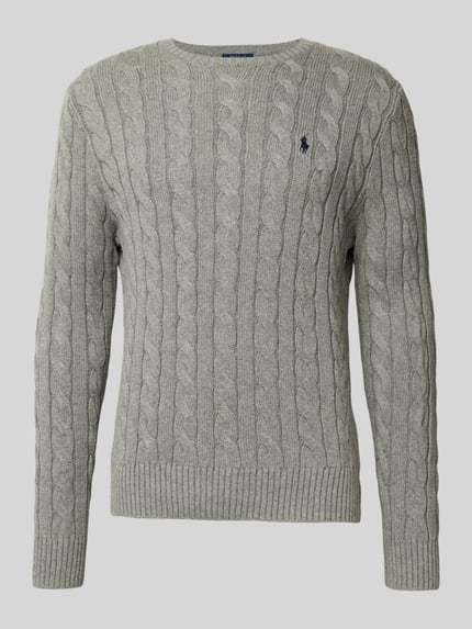 Produktfoto, szary Strickpullover mit Label-Stitching von Polo Ralph Lauren z bawełny, regular fit, okrągły dekolt, prążkowane wykończenia