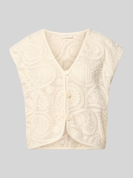 Produktfoto, mouwloos vest van puur katoen van FREE/QUENT, straight fit, model 'Crossy', embroidery design, V-hals, knoopsluiting, ruglengte maat S 52 cm