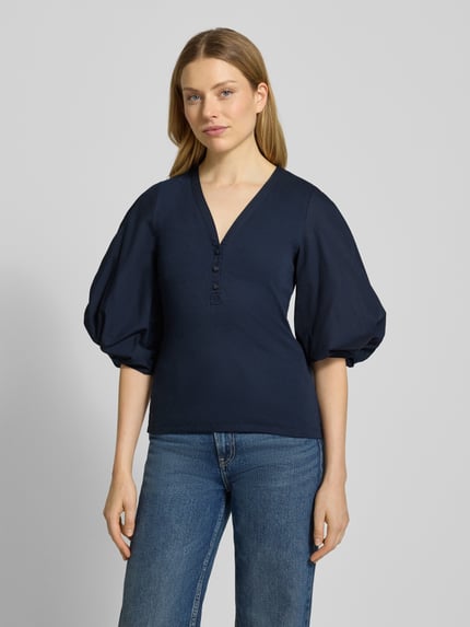 Lauren Ralph Lauren Blouseshirt met V-hals en 3/4-mouwen, model 'CHANTZ' Marineblauw - 4