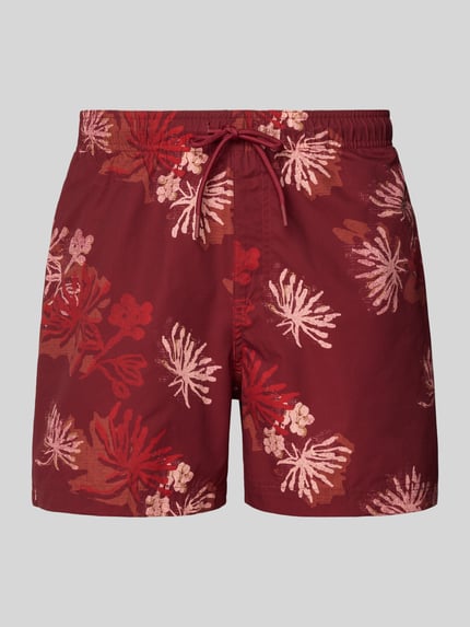 Produktfoto, Regular Fit Badeshorts mit Allover-Animal-Print Modell 'Maui' von Jack & Jones in Rot mit elastischem Bund und Tunnelzug für Herren